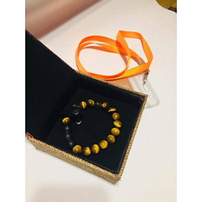 Combo Vòng Đeo Tay Phong Thủy Đá Mắt Hổ Vàng Nâu Phối đá Núi Lửa, Hạt 10 Li, 19 hạt. Kèm hộp Gấm và dây xỏ dự phòng.