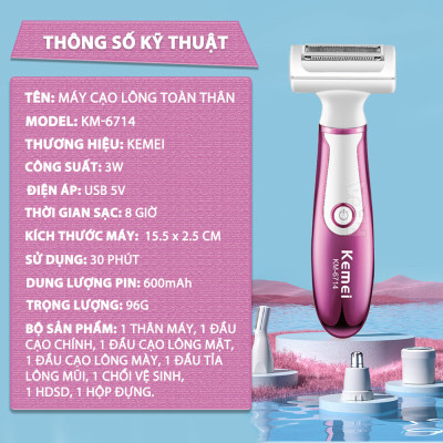 Máy tẩy lông đa năng 4in1 Kemei KM-6714 gồm 4 đầu thay thế chuyên dụng cạo lông toàn thân, tỉa lông mũi - Chính hãng