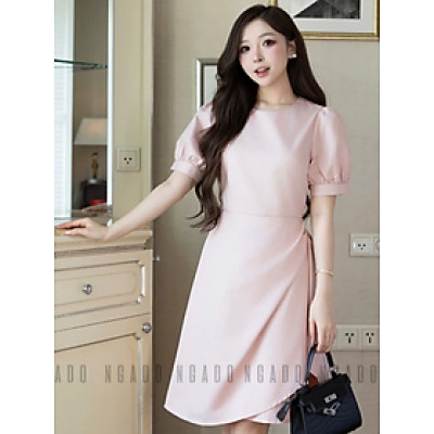 Đầm hồng cổ tròn NGADO , đầm nữ , Đầm tay phồng , Đầm dự tiệc sang chảnh