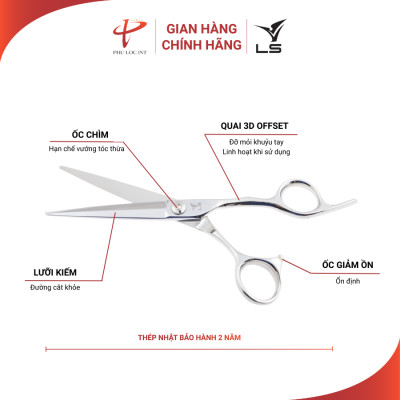 Kéo cắt tóc VLS CB23/6.0 lưỡi thẳng quai offset vênh đỡ ngón cố định - Hàng chính hãng