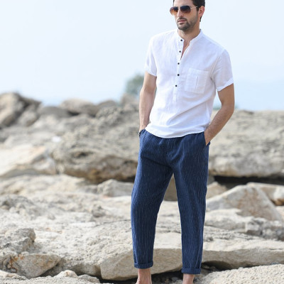 Áo sơ mi nam ngắn tay cổ tàu, áo sơ mi linen, phong cách Hàn Quốc, trang nhã, lịch lãm