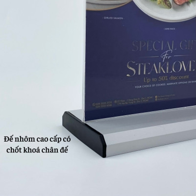 Kệ menu nhà hàng, Standee mica để bàn, Bảng quét mã QR Code, Kệ mica 2 mặt Enter E34 210x150mm đế nhôm A5 ngang