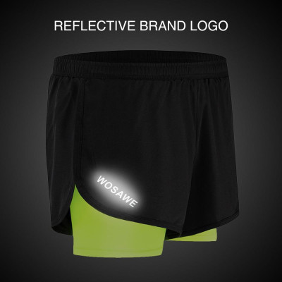 Quần short thể thao nam 2 lớp WOSAWE chất liệu polyester cao cấp, thoáng khí và nhanh khô, logo thương hiệu phản quang