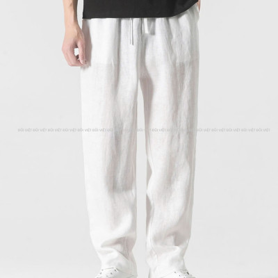 Quần nam chất linen form suông, bản ống vừa phải không quá rộng, cap chun dây rút Qd10
