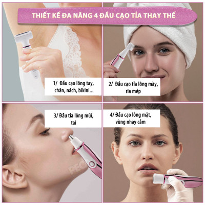 Máy tẩy lông đa năng 4in1 Kemei KM-6714 gồm 4 đầu thay thế chuyên dụng cạo lông toàn thân, tỉa lông mũi - Chính hãng
